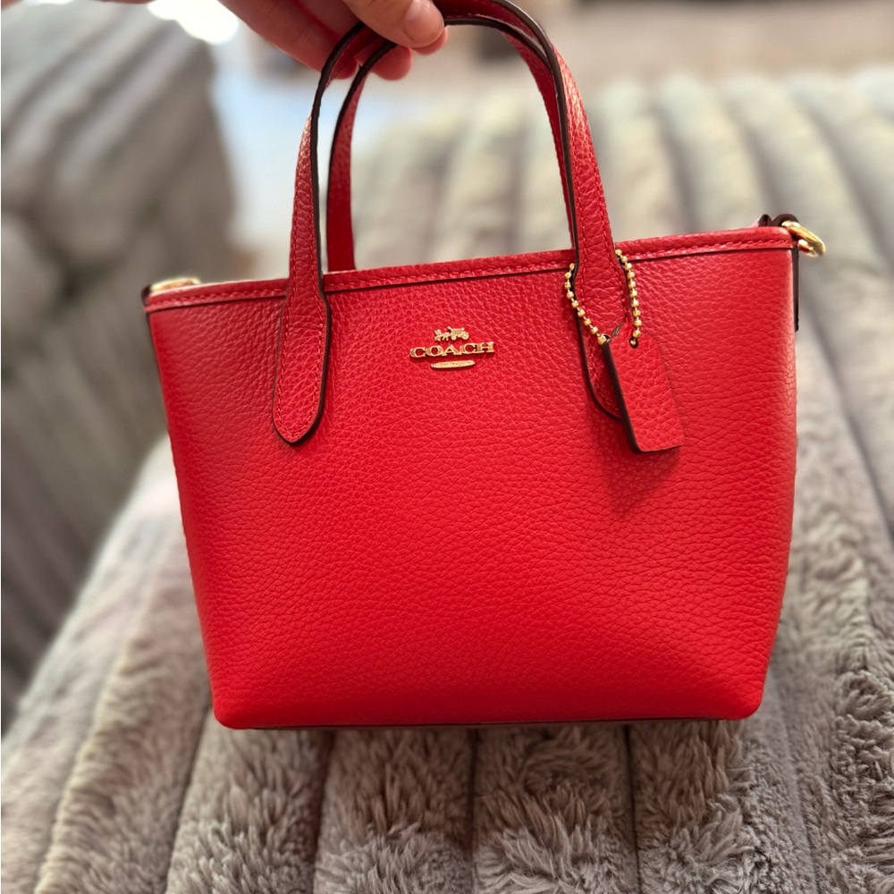 Coach Small City Tote Red Leather Tote Bag with Gold Hardware